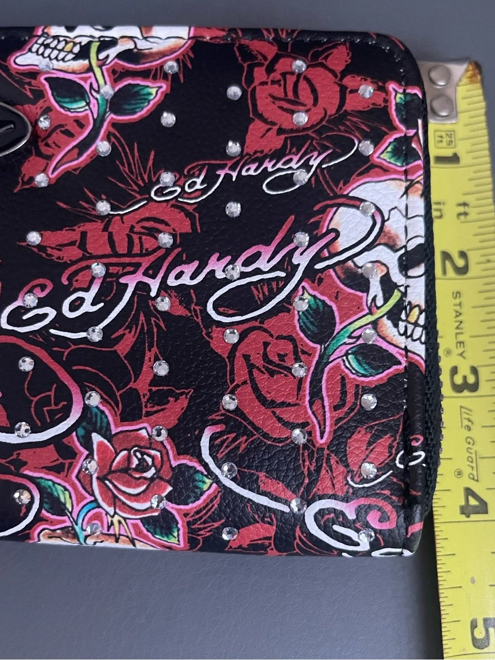 Ed Hardy Wallet Tattoo-Style Skull and Rose Graphic Wristlet